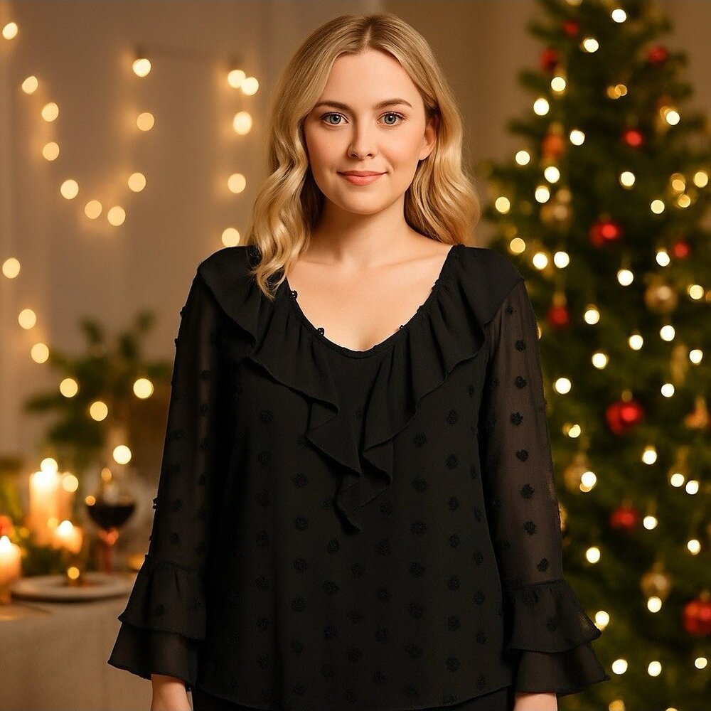 NEW Andree By Unit Black Swiss Dot Ruffle Blouse Dark Romantic Fairygoth‎ XL/XXL